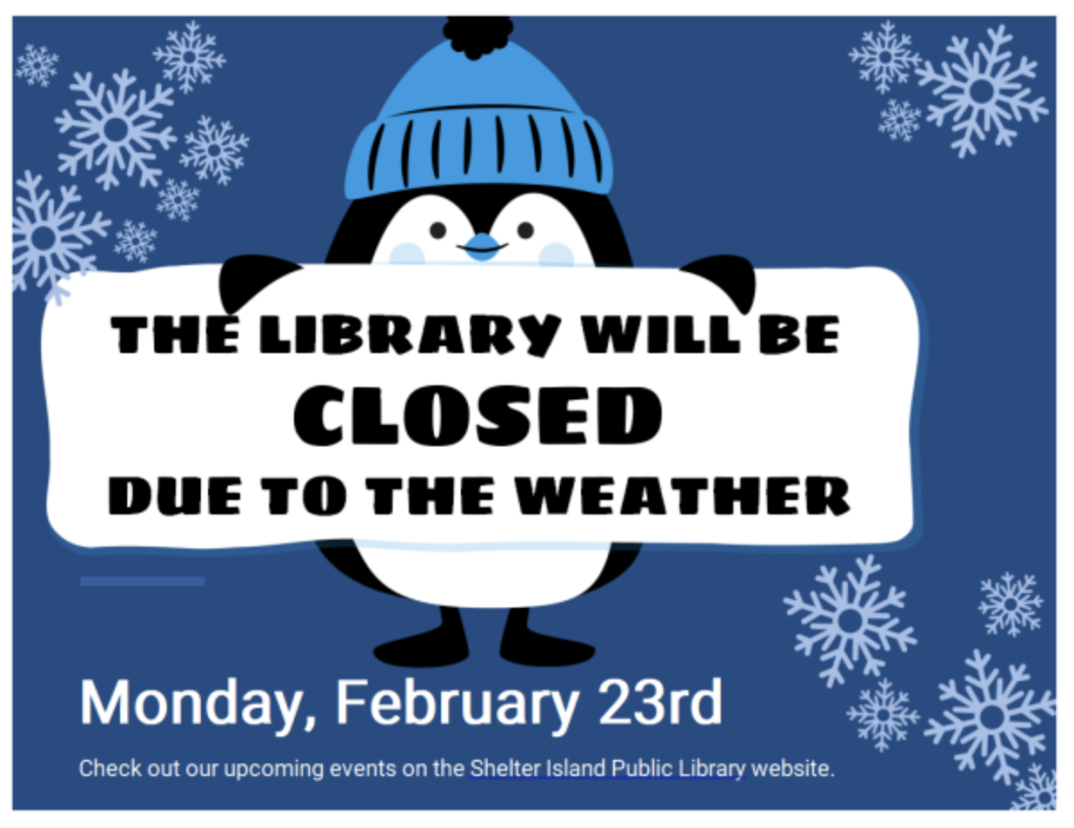 The library will be closed due to the weather on Monday, February 23rd. 

This dark blue flyer features a cartoon penguin wearing a blue winter hat holding a large white sign with bold black text, surrounded by white snowflakes and event details.