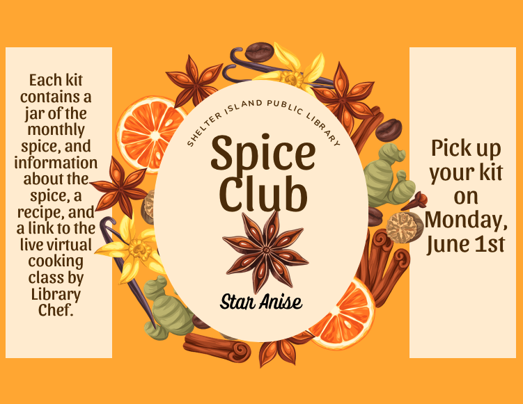 A warm yellow flyer featuring a large central cream circle with title text and a star anise illustration. The circle is ringed by spices and sliced oranges, flanked by two vertical cream text boxes on either side.