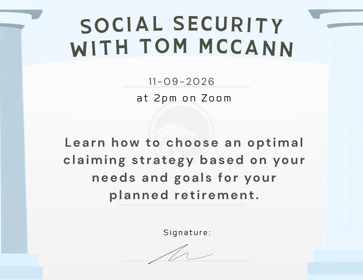 Light blue and white flyer for “Social Security with Tom McCann,” a Zoom presentation on November 9 at 2 PM about choosing the best Social Security claiming strategy for retirement.