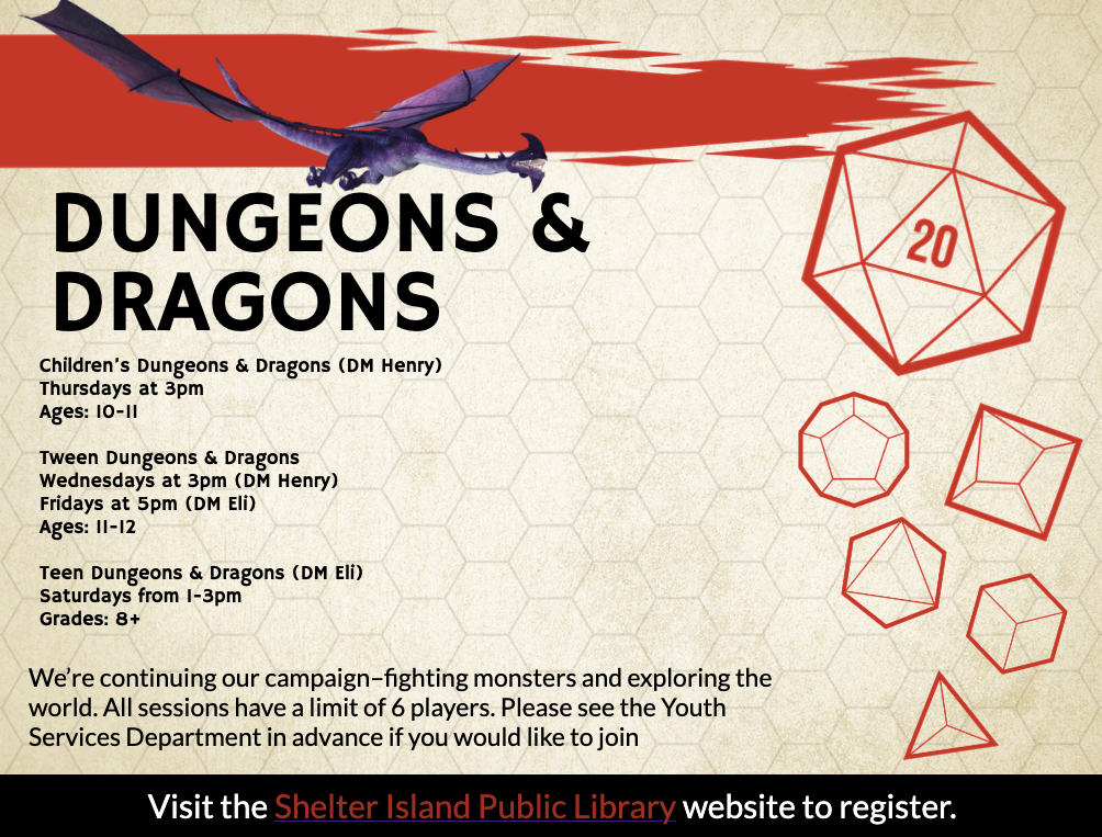 poster for "DUNGEONS & DRAGONS" sessions, featuring a purple flying dragon and a large, red-outlined 20-sided die graphic.