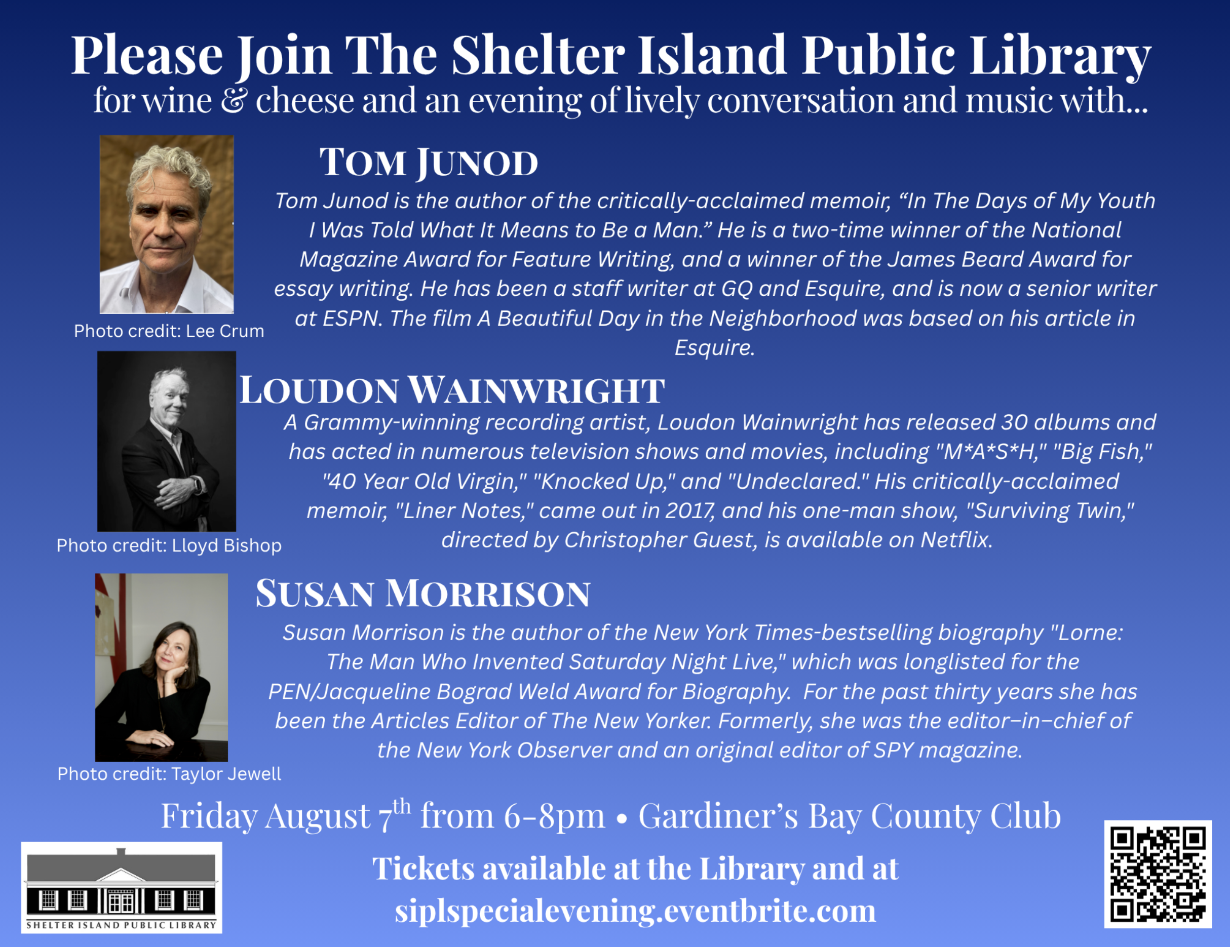 Please Join The Shelter Island Public Library for wine & cheese and an evening of lively conversation and music with...

TOM JUNOD
Tom Junod is the author of the critically-acclaimed memoir, "In The Days of My Youth I Was Told What It Means to Be a M