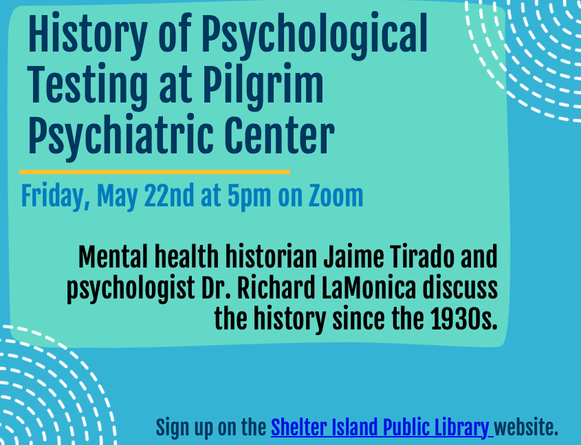 bright blue flyer with a central teal rounded box. It features white dotted corner accents and bold navy text underlined by a thin orange line.