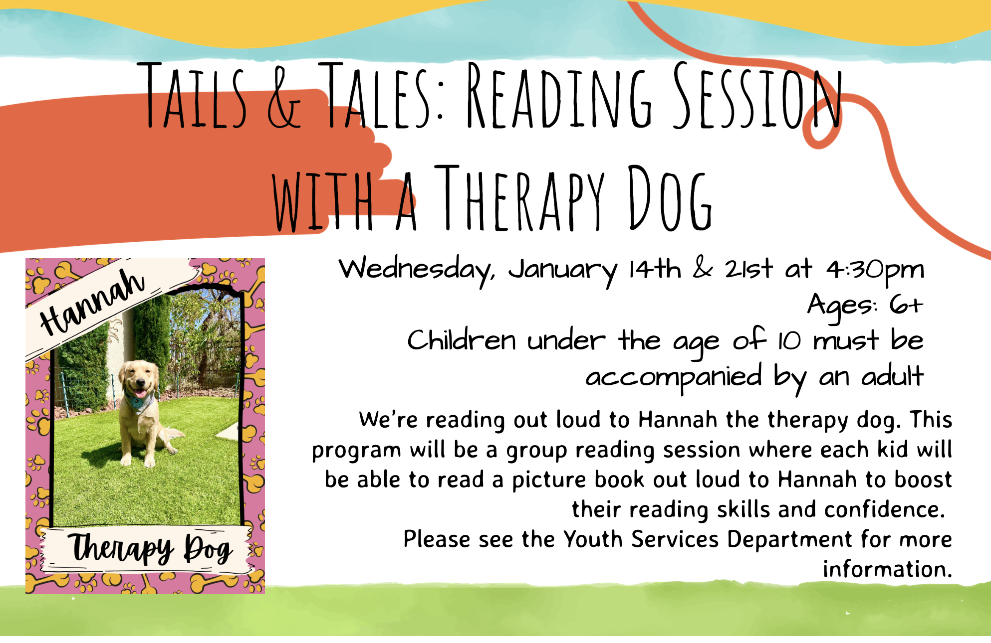 White background with abstract yellow and blue wavy shapes and a photo of Hannah the therapy dog in a pink frame decorated with paw prints.