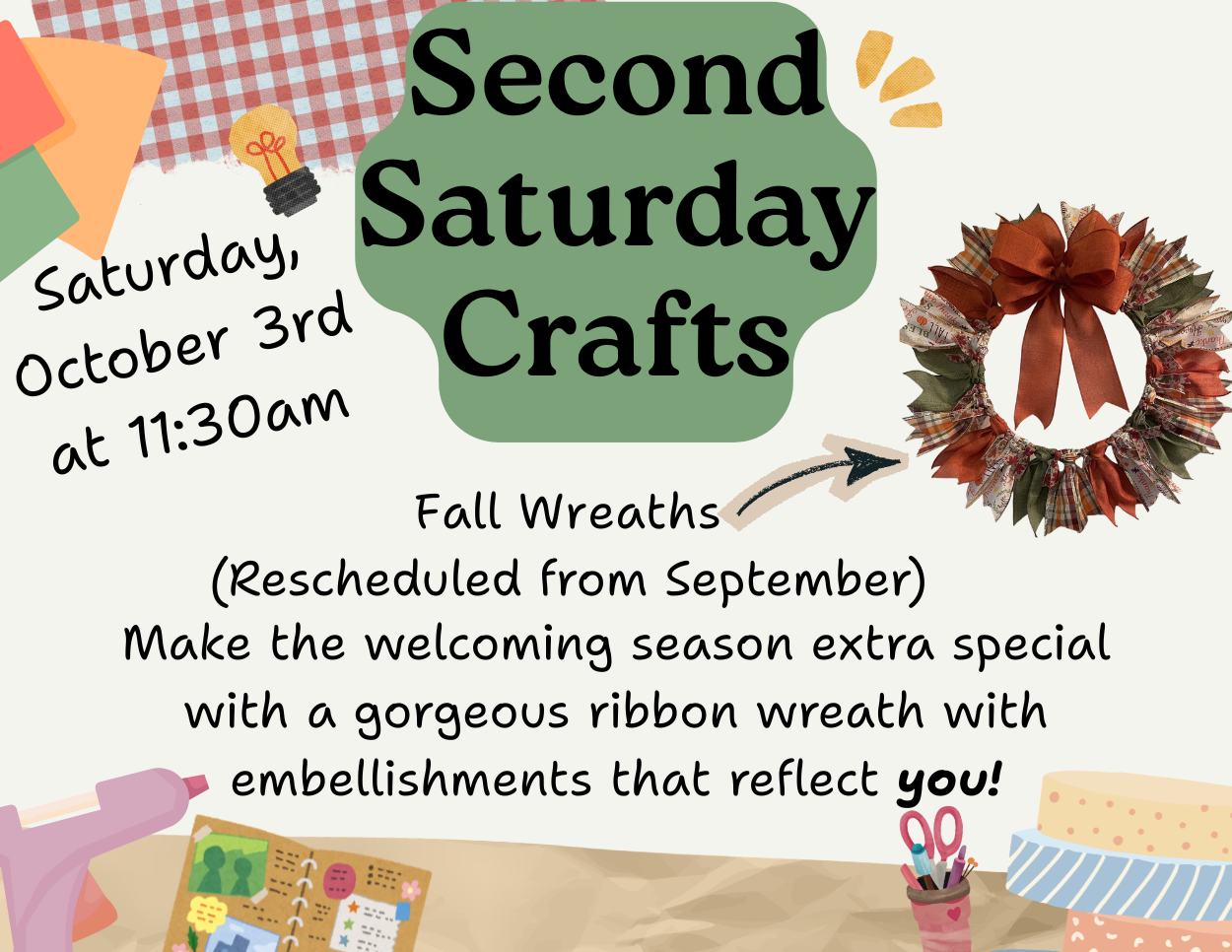 Promotes a "Second Saturday Crafts: Fall Wreaths" workshop, designed in a scrapbook style with red gingham accents, crafting supplies, and a photo of a ribbon-tied autumn wreath.