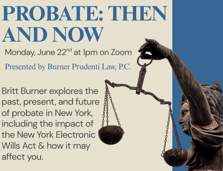 Query successful  A cream and blue flyer advertising a law presentation on probate, featuring a bronze statue of Lady Justice holding a set of scales on the right.