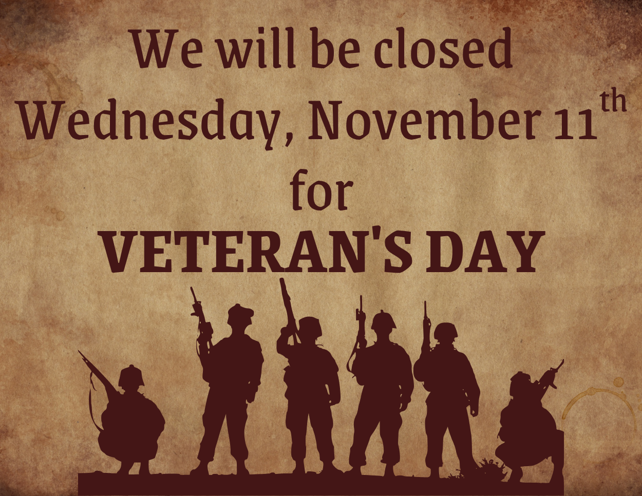 Vintage brown flyer announcing the library’s closure on November 11 for Veterans Day, featuring silhouettes of soldiers.