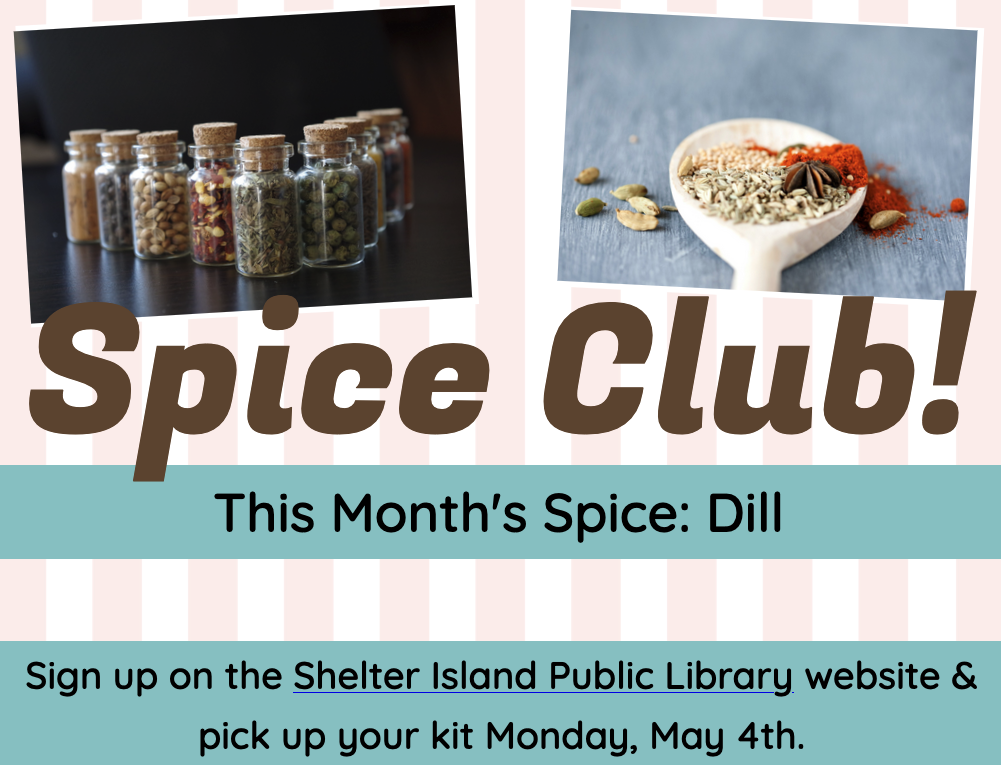 promotional flyer for "Spice Club!" featuring photos of assorted jars and spoonfuls of spices over a pink-striped background.