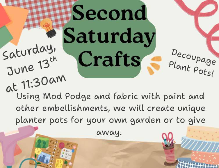 A craft-themed flyer featuring a central green bubble with bold text. The edges are decorated with scrapbooking elements, a lightbulb icon, and illustrations of a glue gun, scrapbook, scissors, and ribbons along the bottom.