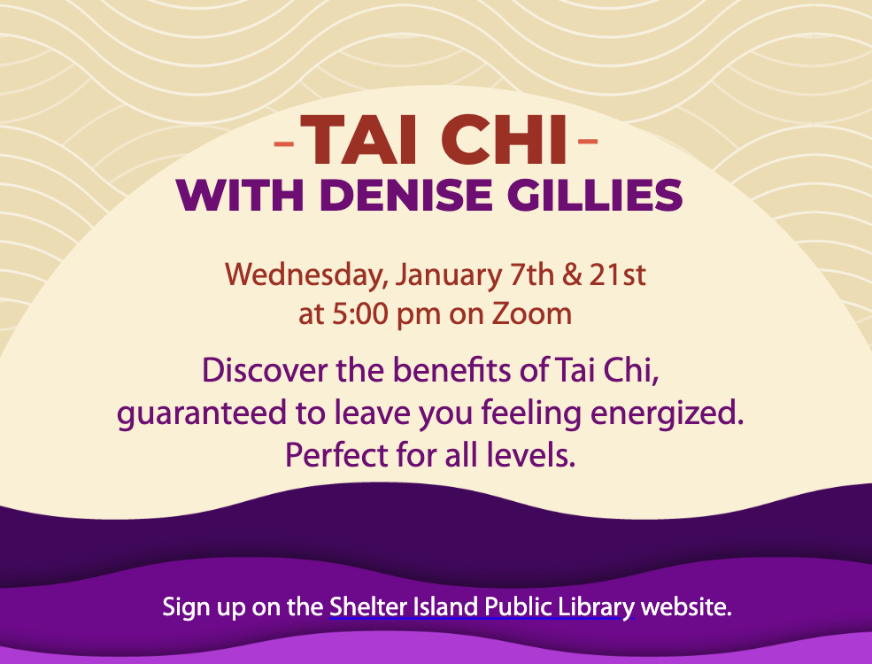 Beige background with wavy lines, a central arch, and layered purple waves at the bottom.