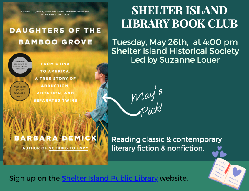 dark teal flyer featuring a large book cover on the left. The right side contains white text, a hand-drawn arrow pointing to the book, and a small illustration of an open notebook with hearts in the bottom corner.