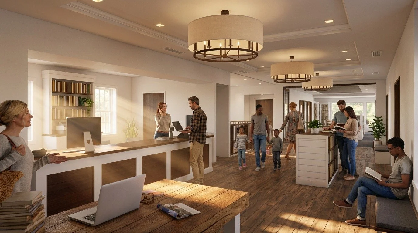 Computer generated interior view of the renovated library.