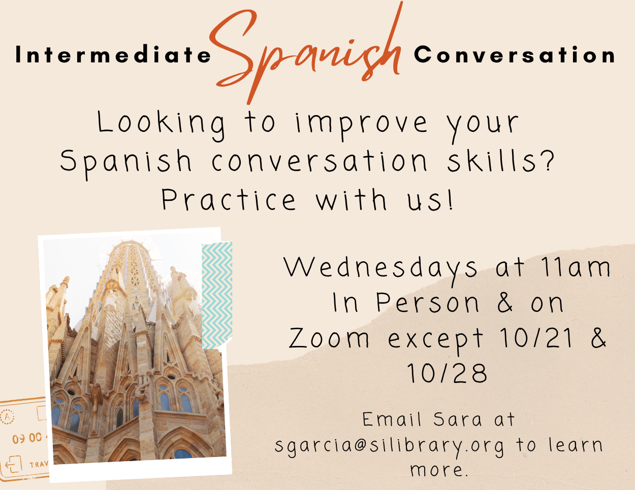 Set against a beige background, this promotional graphic for Intermediate Spanish Conversation features black handwritten-style text alongside a polaroid photograph of the Sagrada Família.