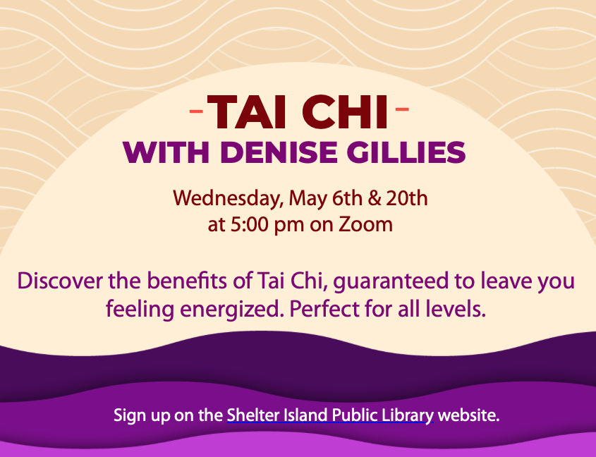 The flyer for Tai Chi with Denise Gillies features purple and gold wavy patterns. In the center, a large beige circle contains the event text, with a dark purple "wave" section at the bottom.