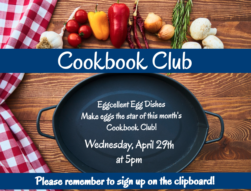 flyer for a Cookbook Club event. It features a rustic wooden background with fresh vegetables like tomatoes, peppers, onions, and mushrooms scattered at the top, and a red checkered cloth on the left.