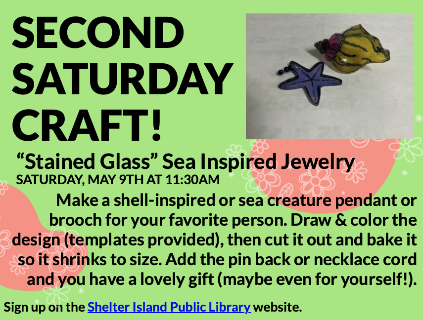 lime green flyer with coral-pink wavy accents and white flower outlines. A photo of a starfish and seashell craft sits in the top-right corner, accompanied by bold black text.