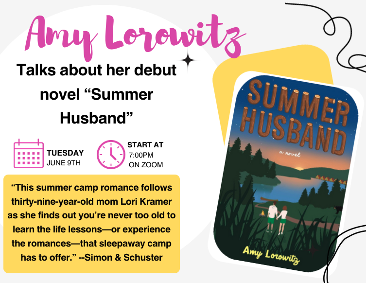 A white flyer advertising an author talk by Amy Lorowitz, featuring her debut novel's book cover on the right and a yellow text box on the left.