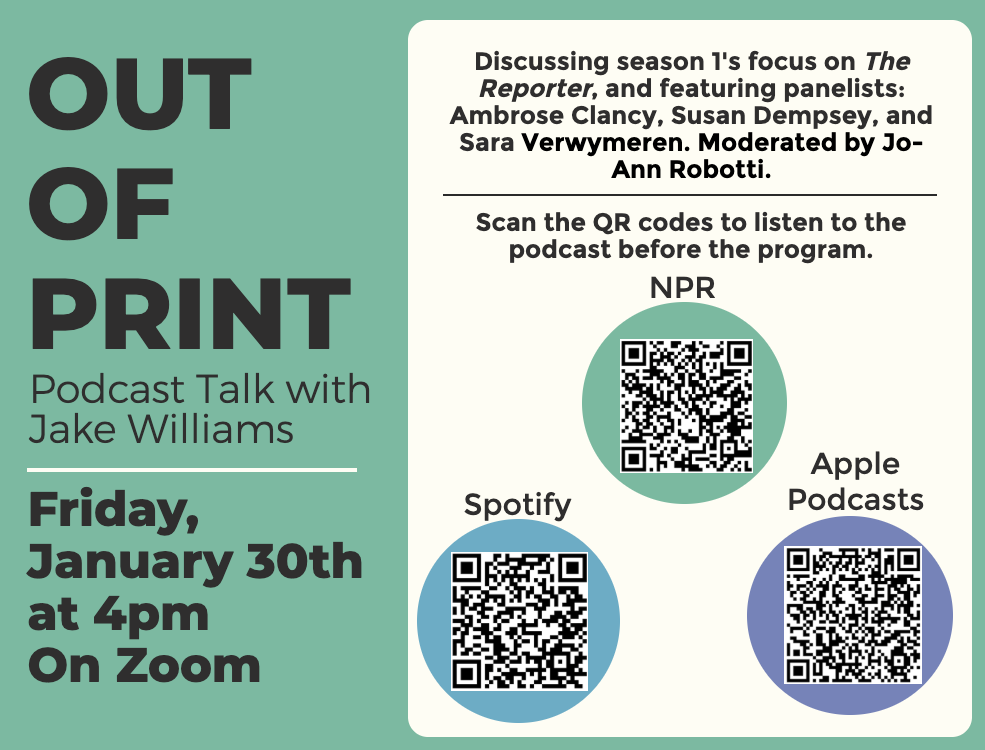 flyer is split between a dark teal left section and a light green-gray right section with rounded corners. The right section features three circular QR codes at the bottom, colored light green, blue, and light purple.