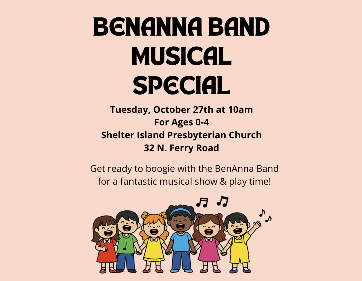 Promotes a "BenAnna Band Musical Special" for ages 0–4 on a light pink background, featuring illustrations of singing children and musical notes along the bottom.