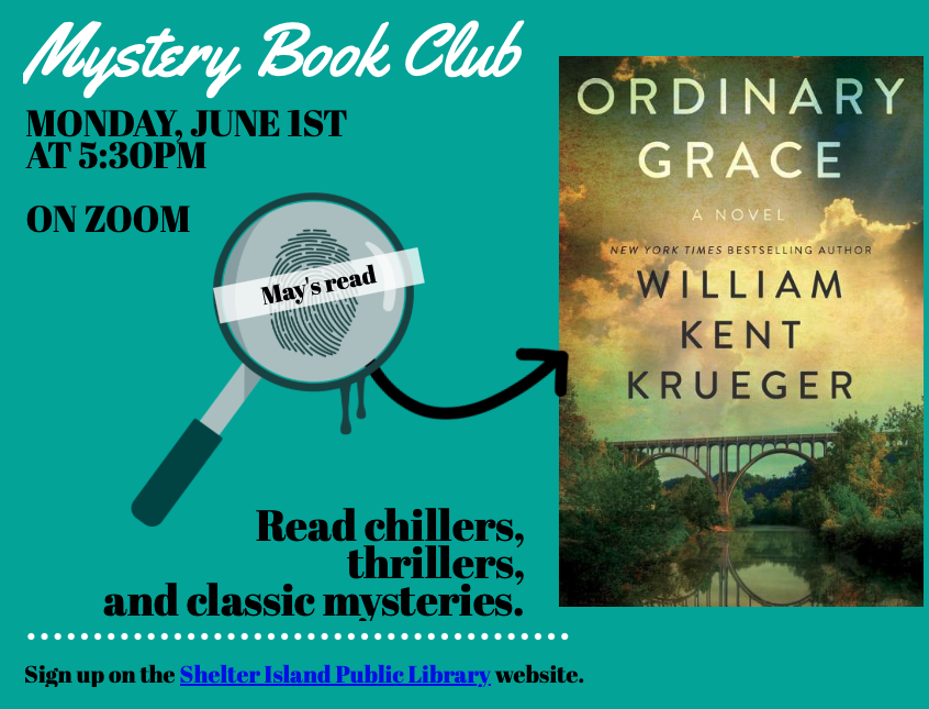 teal flyer featuring a large book cover on the right and a magnifying glass over a fingerprint on the left. An arrow points from the magnifying glass to the book, with bold black and white text throughout.