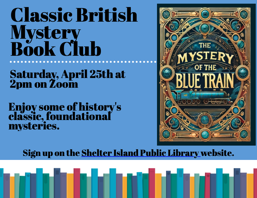 A vibrant book cover for "The Mystery of the Blue Train" by Agatha Christie is featured on a periwinkle blue background. The bottom of the flyer shows a colorful row of books in various heights and shades.