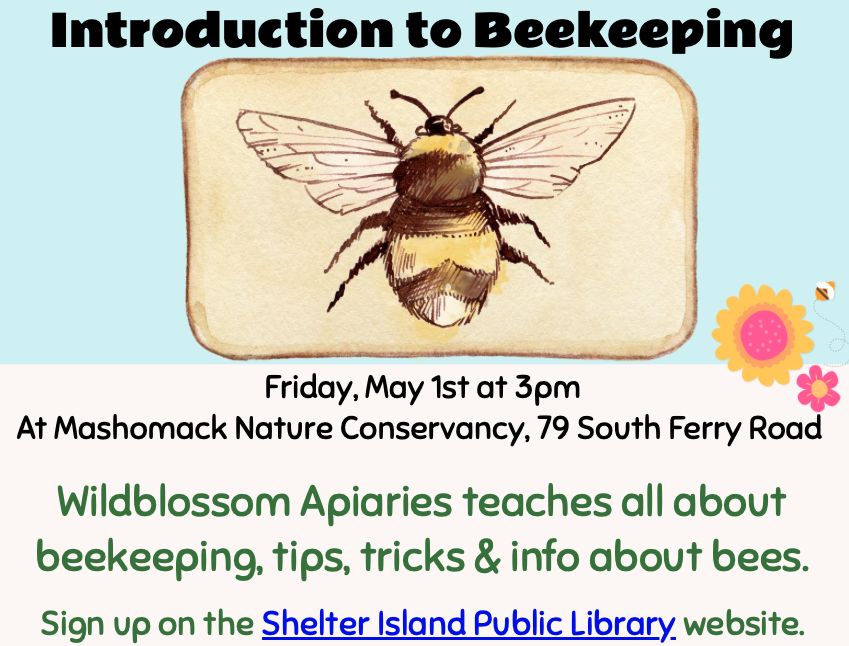 light blue and cream flyer featuring a central, vintage-style illustration of a bumblebee inside a rounded tan frame. Small yellow and pink flower icons accent the right side, and the layout uses a mix of bold black and green text.