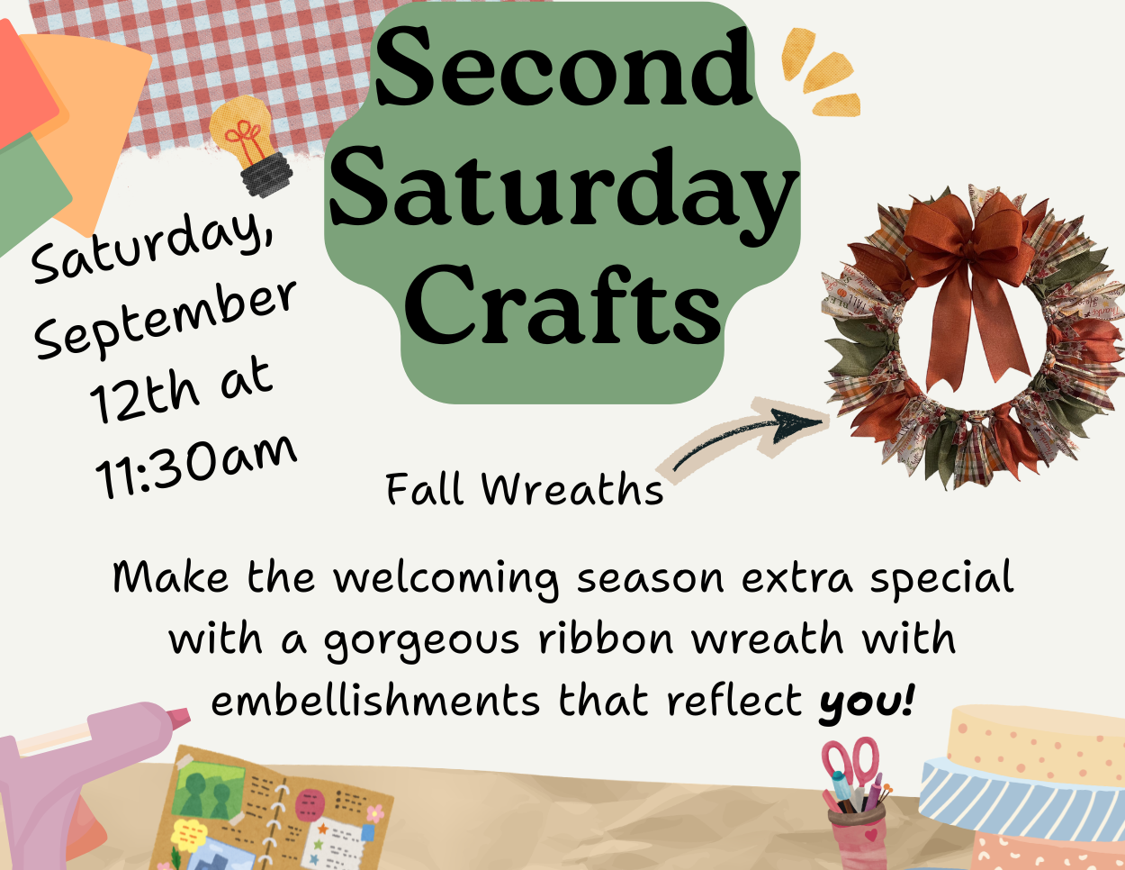 Featuring a craft-themed collage background, this image displays promotional text surrounding a green shape alongside a photo of a autumn-themed ribbon wreath.