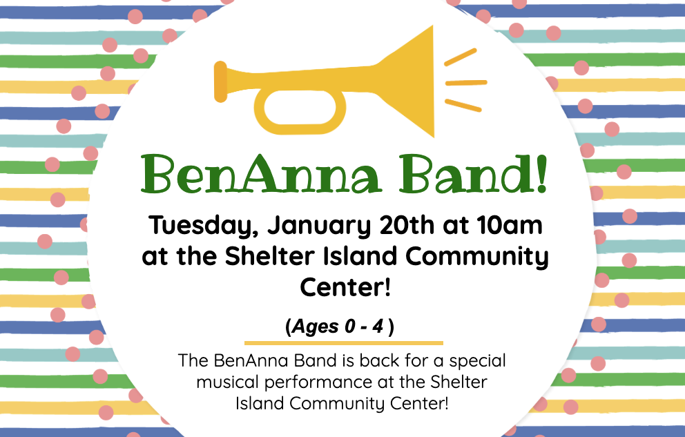 Striped background with multicolored lines and pink dots, featuring a yellow trumpet icon.