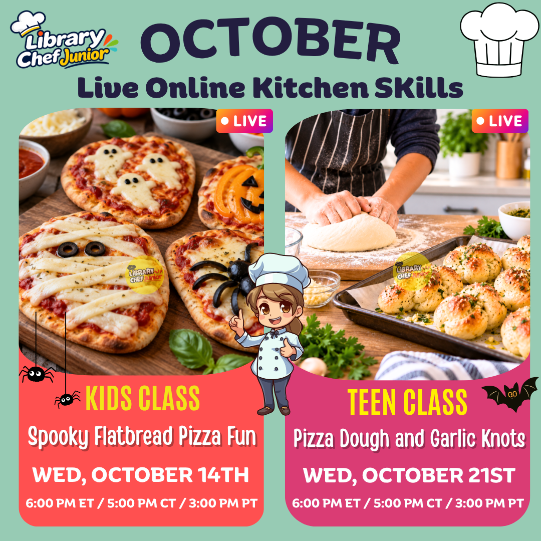 Promotes two live "Library Chef Junior" October classes—spooky flatbread pizzas for kids and pizza dough with garlic knots for teens.