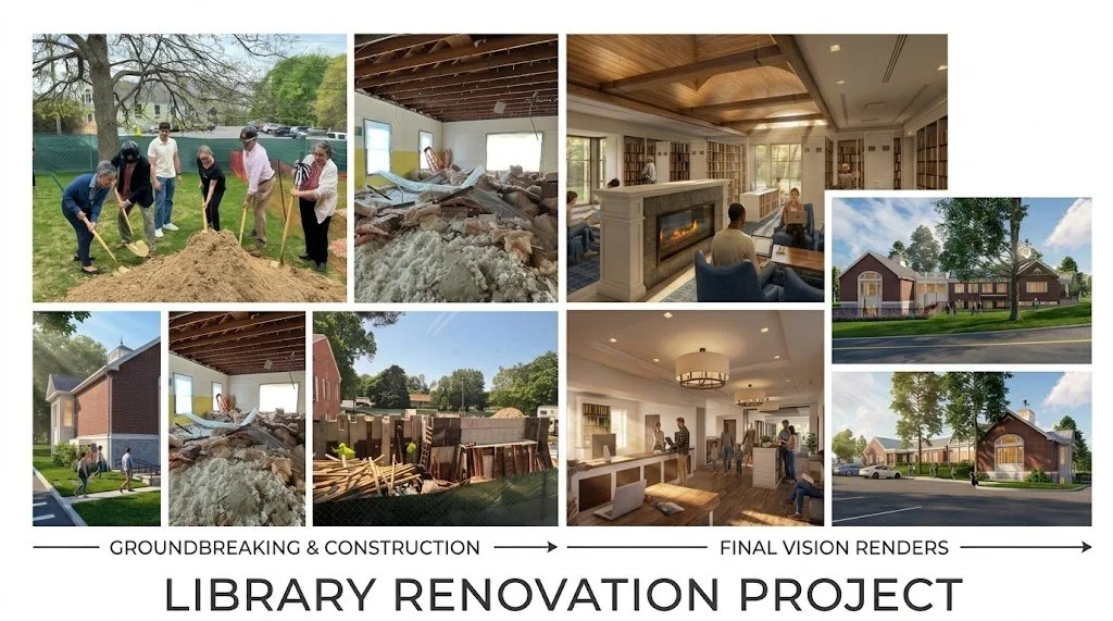 collage of various photos of the library expansion project, interior and exterior.