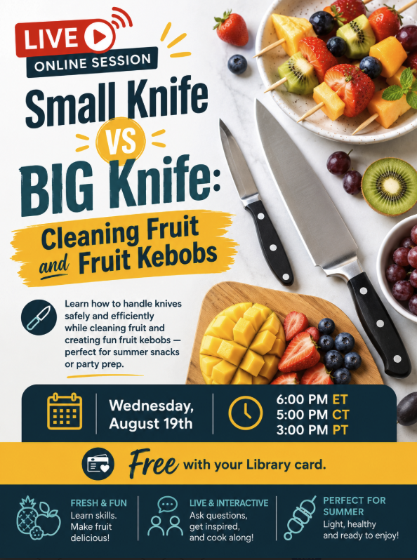This image features dark green, red, and yellow promotional text for a live online knife skills class alongside kitchen knives, fresh fruit, and fruit kebobs.