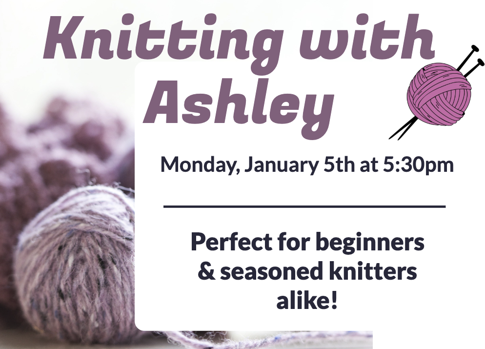 flyer uses a white background. A large, soft-focus photo of two balls of speckled purple yarn and knitted fabric is on the left. A small graphic of a pink yarn ball and knitting needles is on the top right.