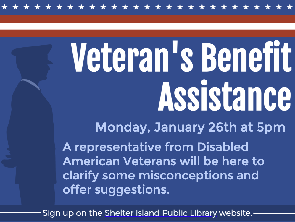 flyer has a dark blue background. Across the top is a banner with white stars on a blue field, separated by a red strip. The left side features a dark blue silhouette of a person in a uniform.