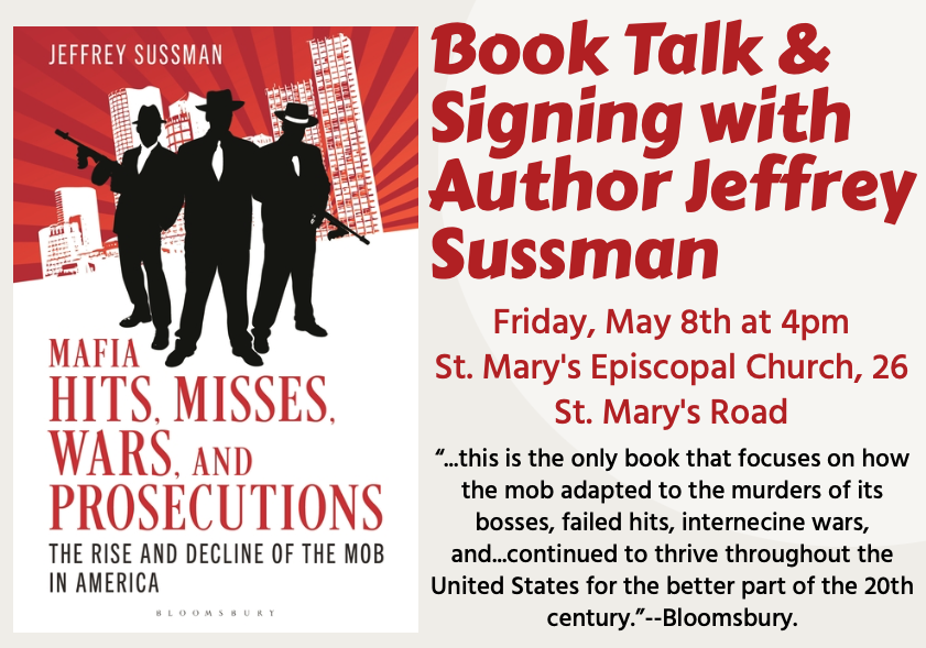 split-screen flyer featuring a book cover on the left with silhouettes of three men in fedoras against a red sunburst and city skyline. The right side contains bold red headings and black body text set against a plain off-white background.