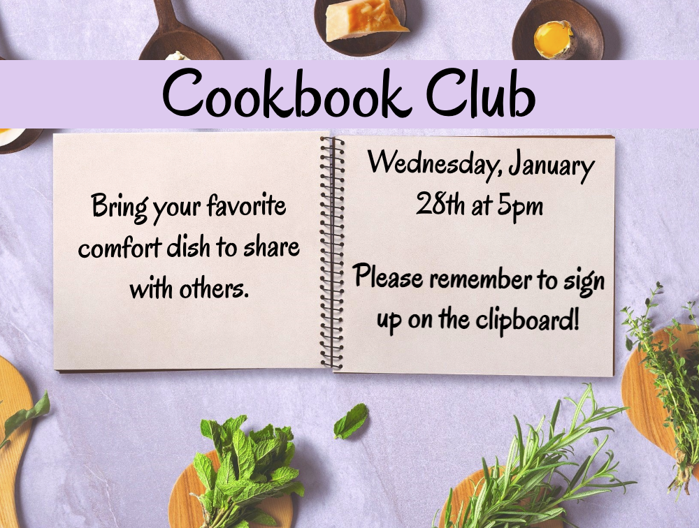 flyer's background is a light gray surface with scattered cooking items. A wide light purple banner runs across the top, and the center is dominated by an open spiral-bound notebook.
