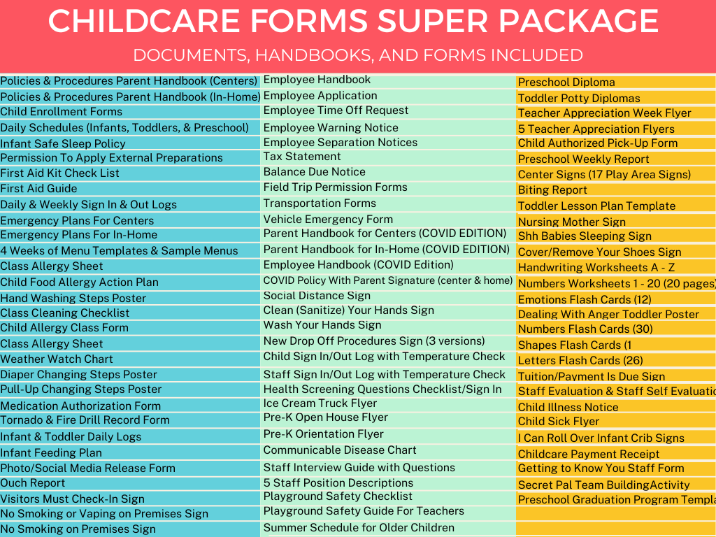 Daycare Supplies Checklist for Parents | Childcare Supplies Checklist  Handouts