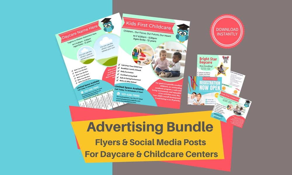 DAYCARE ADVERTISING FLYER | Childcare Center Flyer, Facebook and Instagram Social Media | Advertising for Preschools & Child Care Businesses