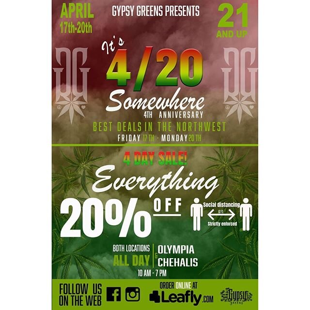 Due to strict requirements of the state and social distancing guidelines, this year we are unable to put on a single day sale for 4/20. Therefore we will be spreading out our sales into four days starting Friday, April 17th through Monday, April 20th