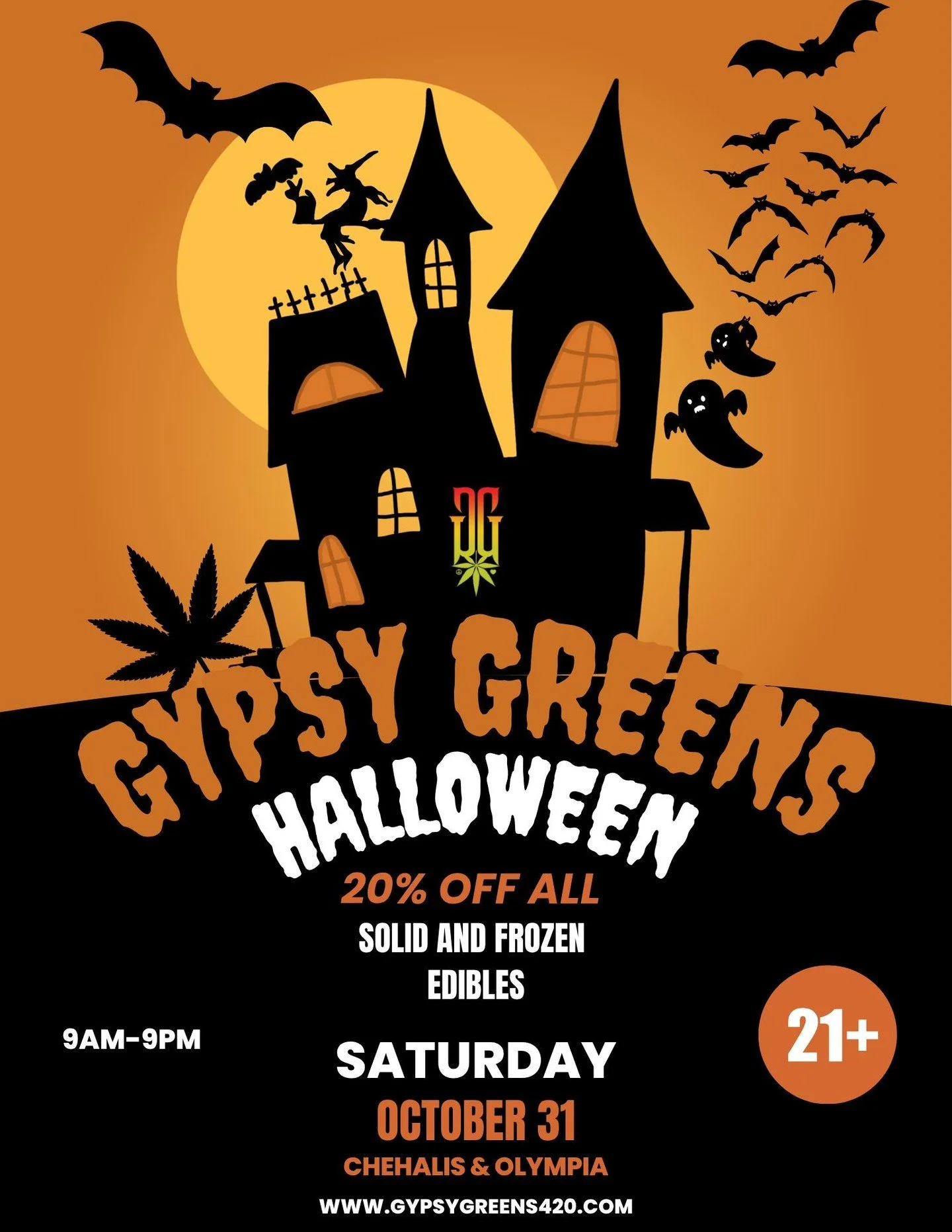 🎃👻 HALLOWEEN DEAL at Gypsy Greens! 👻🎃

Get 20% OFF all solid and frozen edibles on Saturday, October 31! 🍬💚

🕸️ 9 AM &ndash; 9 PM
📍 Chehalis &amp; Olympia
🔞 21+ only

Come get your Halloween goodies and enjoy some spooky savings! 🎃💨

🌐 ww