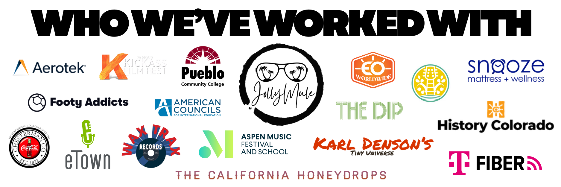 A colorful collage of logos from various music, film, food, beverage, and entertainment brands and events, including Coke, ACM Awards, American Airlines, Top 40, and others.