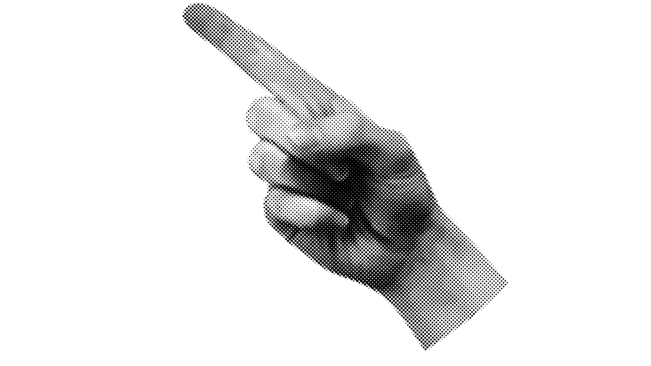 A stylized black and white illustration of a human hand pointing with the index finger, surrounded by radiating lines.