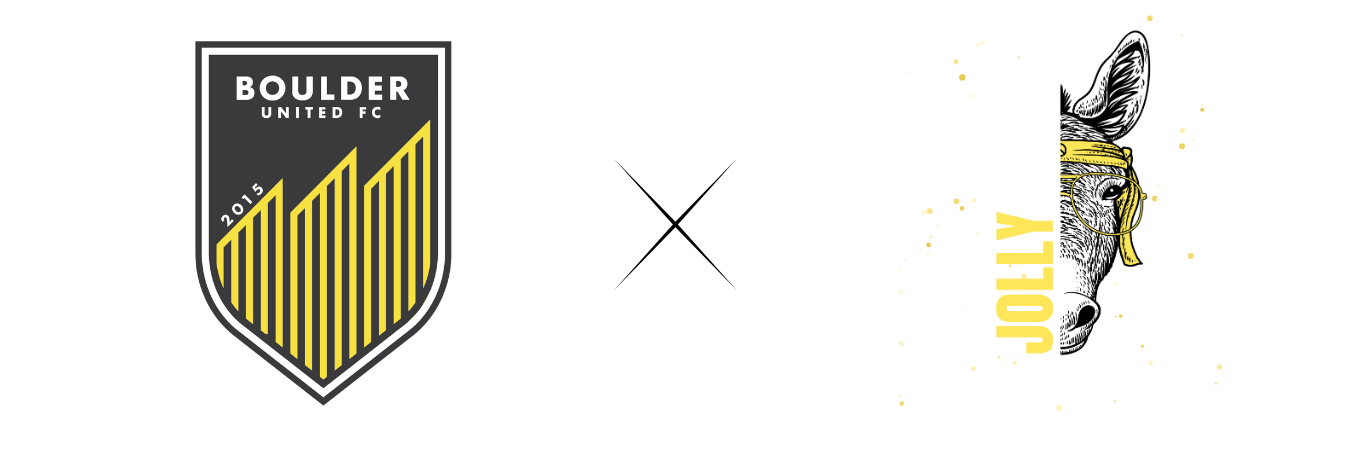 The image features the logo of Boulder United FC, a soccer team established in 2015, with a shield design and yellow and black stripes. To the right, there is a stylized goat or ram's head, also in yellow and black, with a bold black arrow pointing left between the logo and the animal.