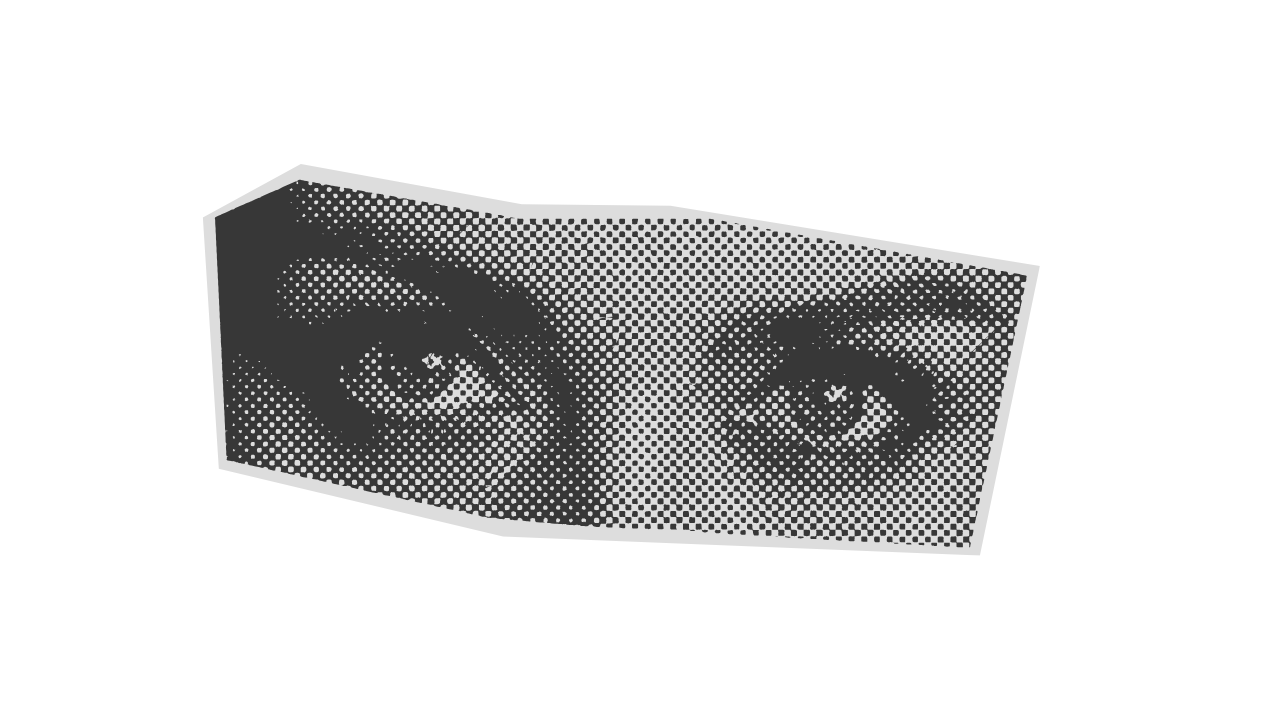 An abstract digital illustration of a folded panel displaying a woman's eyes, rendered in halftone dots against a black background.