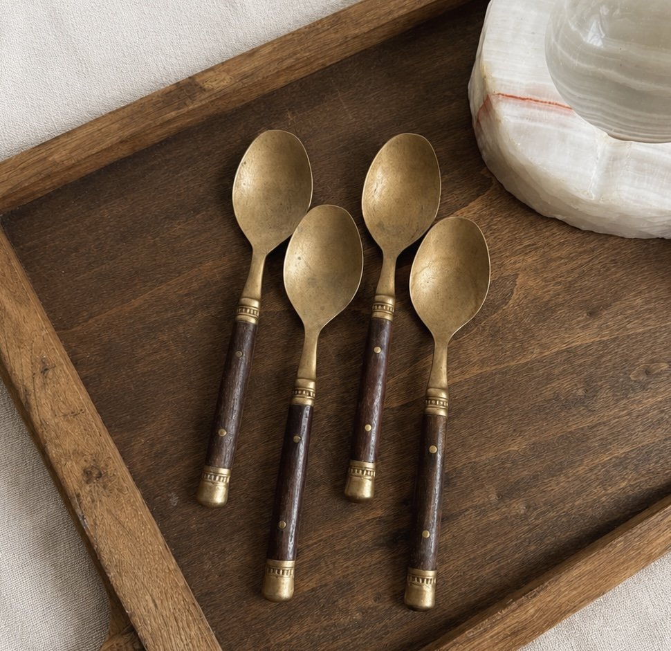 Vintage Bronze & Rosewood Dessert Spoons | Set of 4 | Mid-Century Modern, 1970s