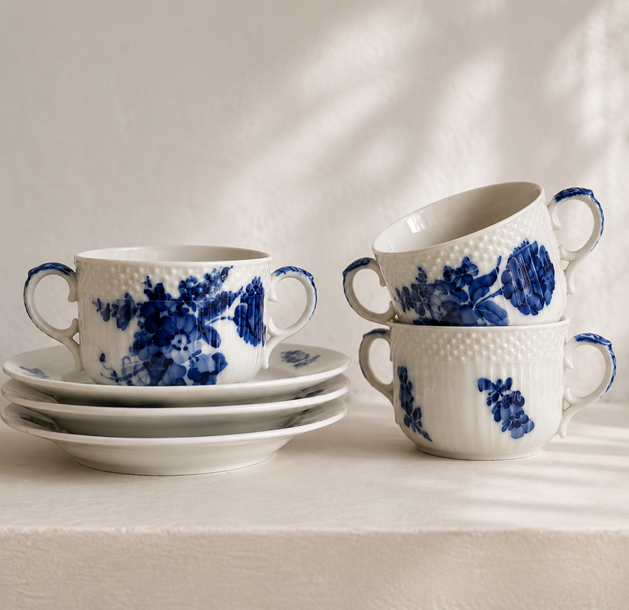 Royal Copenhagen Blue Flowers Porcelain Demi-Tasse Set — Three Cups & Saucers