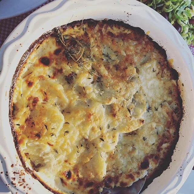 Herbed Potato Gratin
This is a crowd pleaser!  You can double this recipe for a large group.  With the quarantine I have adjusted all my recipes for just 4-6 servings. 
4 medium russet potatoes
1 1/2 cup heavy cream
3-6 cloves of garlic minced
1 8 oz