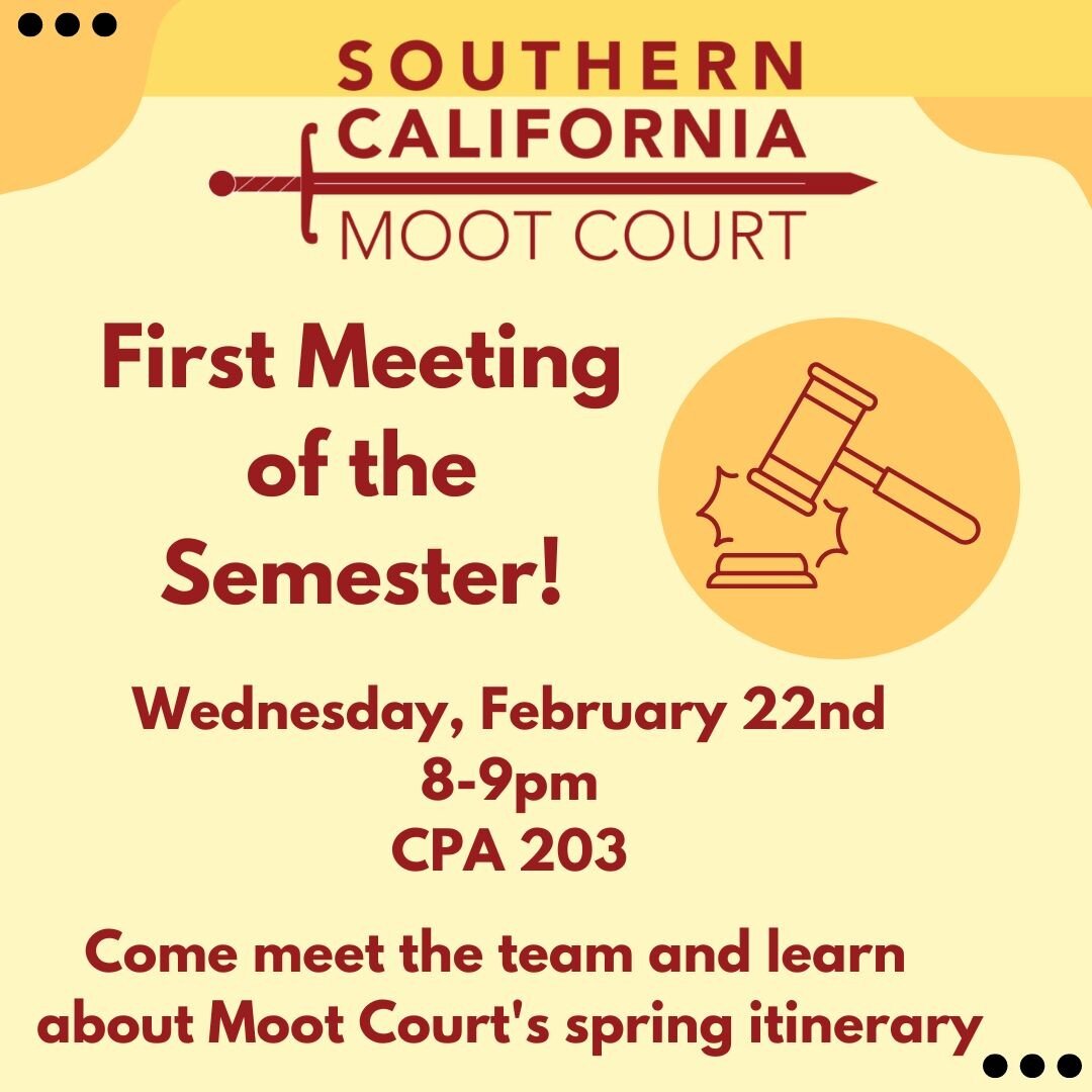 ⚠️First meeting of the semster⚠️

We are so excited to welcome new and returning members this Wednesday in CPA203 from 8-9PM. Come to meet the team, learn all about Moot Court, and hear our plans for this semester and beyond!