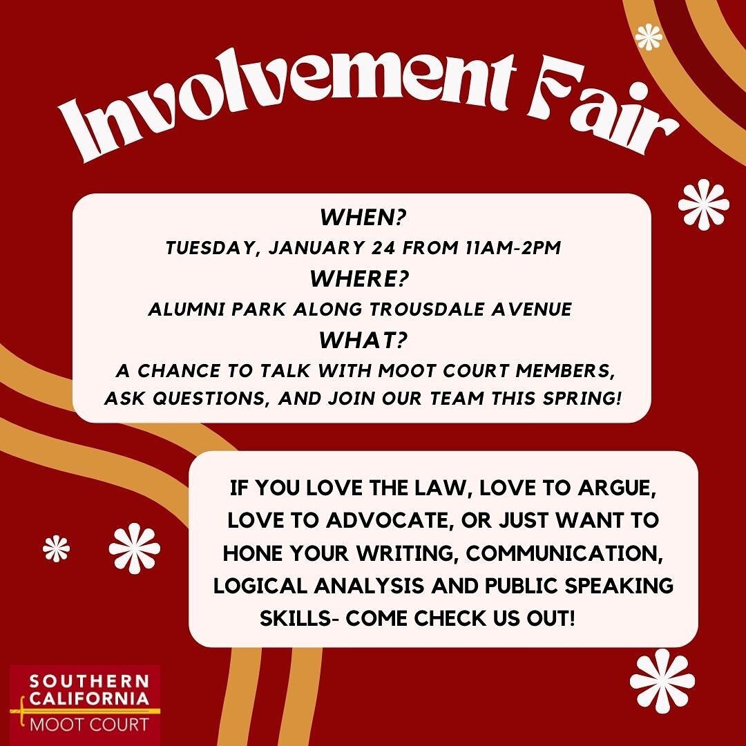 INVOLVEMENT FAIR!!‼️‼️Join use along Trousdale tomorrow from 11AM-2PM to find out about Moot Court, discuss recruitment, and have all your questions answered! We can&rsquo;t wait to see you.