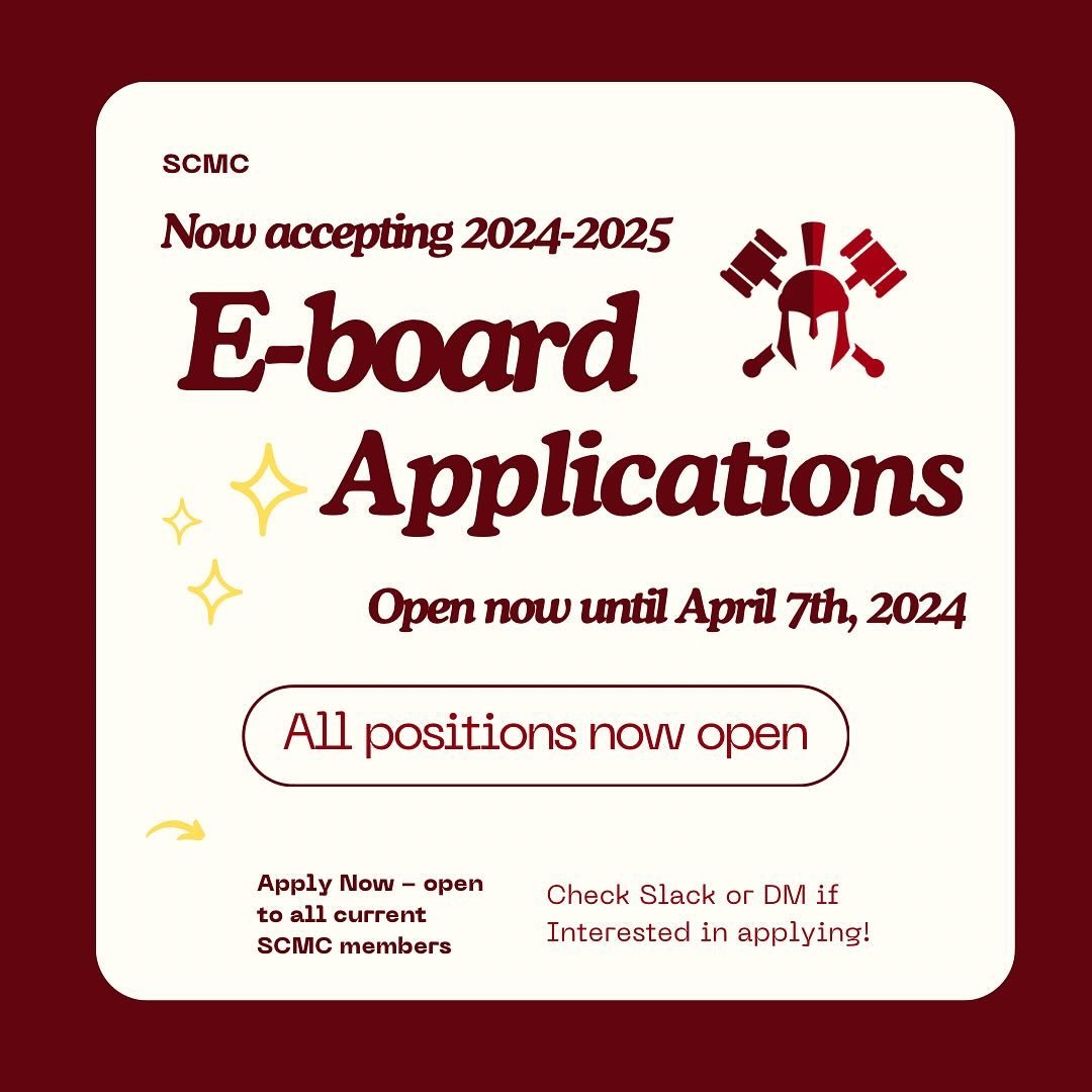 E-board applications are now open!!! Please check Slack for more adetails for each position and the application. If you have any questions about the process of running or what each position would be responsible for, feel free to reach out through Sla