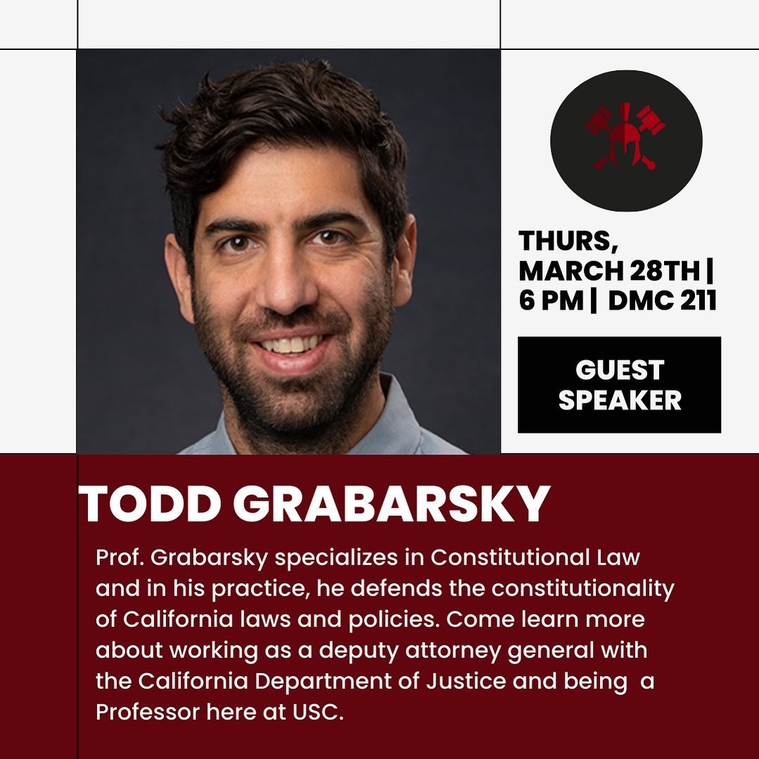 On Thursday, March 28th, we will be hosting an event with Professor Todd Grabarsky. He is a deputy Attorney General with the California Department of Justice, Office of the Attorney General. He specializes in federal constitutional law, and in his pr