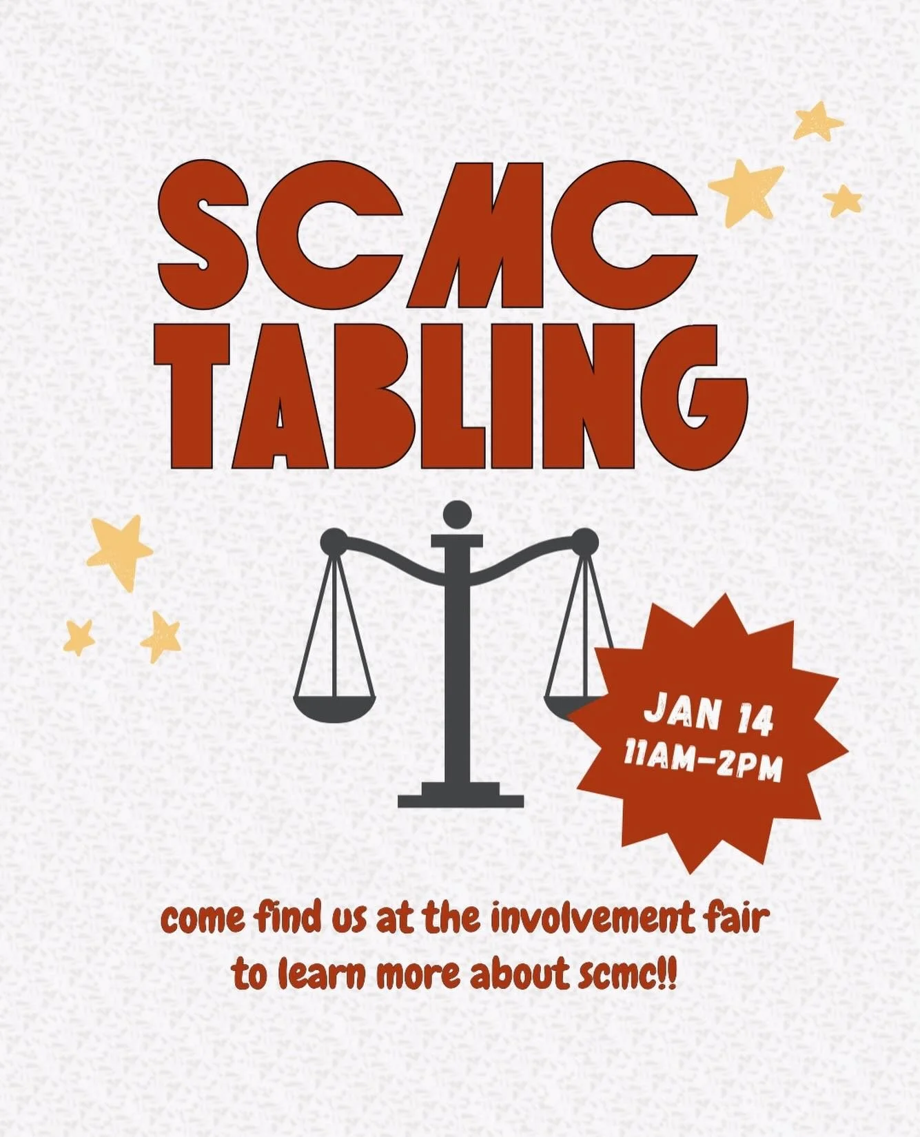 It&rsquo;s time for another involvement fair!! 👀

SCMC will be tabling at the involvement fair on campus this Wednesday, January 14 (exact location will be posted on our story). 

Whether you&rsquo;re a current SCMC member or potential new member, c